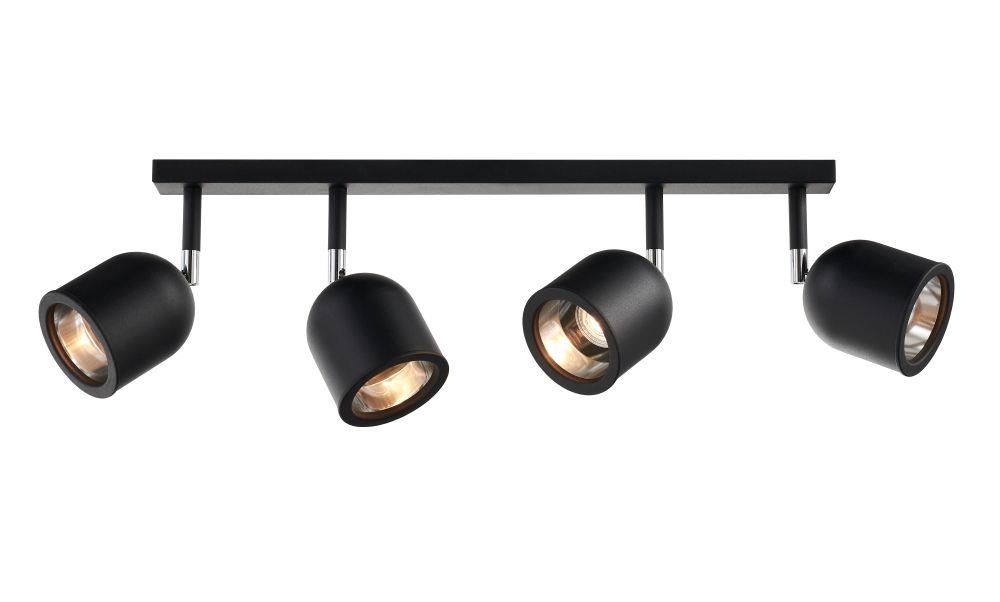 SPARK 4 four-point ceiling spotlight black with chrome finish, on strip