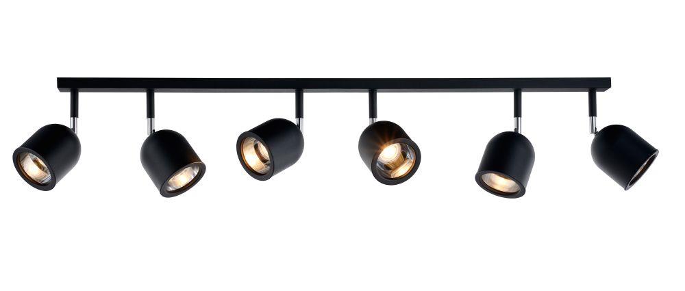 SPARK 6 six-point ceiling spotlight black with chrome finish, on a bar