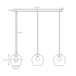 Three-point pendant lamp VENUS 3 transparent, on a strip